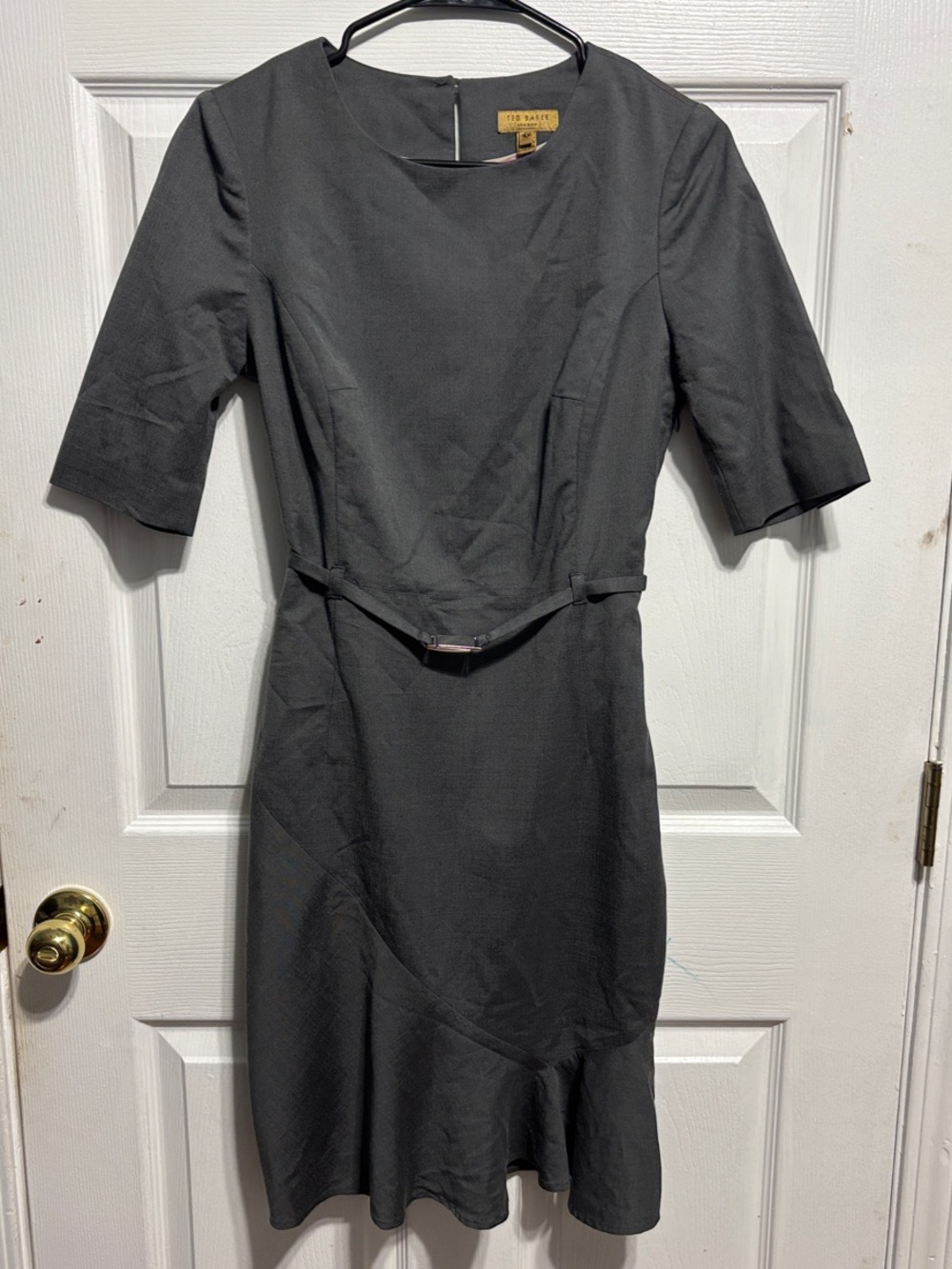 Ted Baker Charcoal Gray Midi Sheath Dress with Waist Tab (size 1,approx US xs/s)